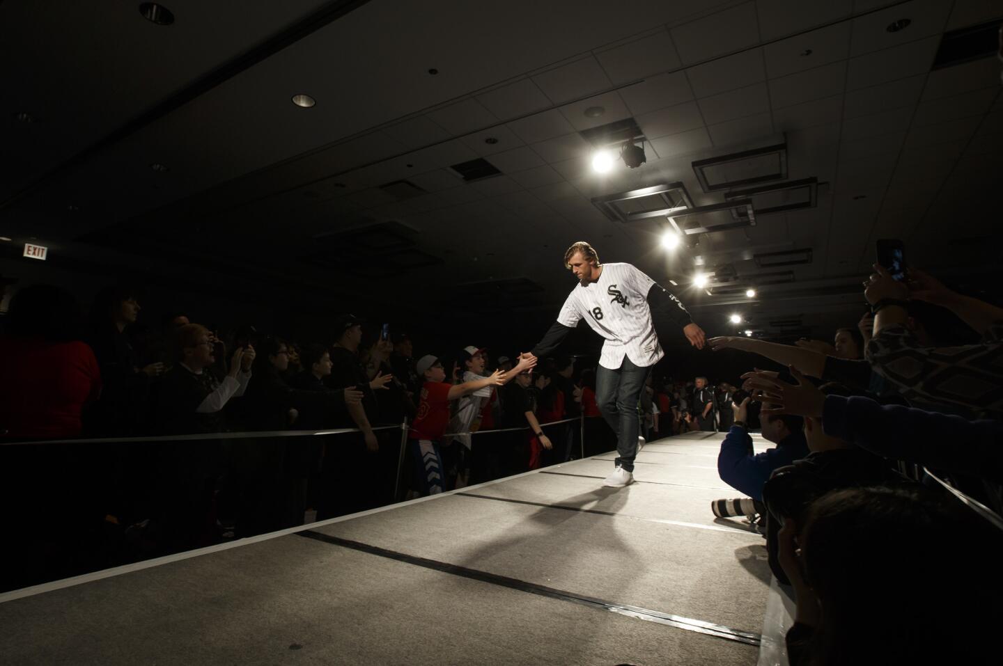 White Sox pitcher Michael Kopech walks on stage during the opening ceremony of SoxFest 2018 at the Hilton Chicago on Friday, Jan. 26, 2018.