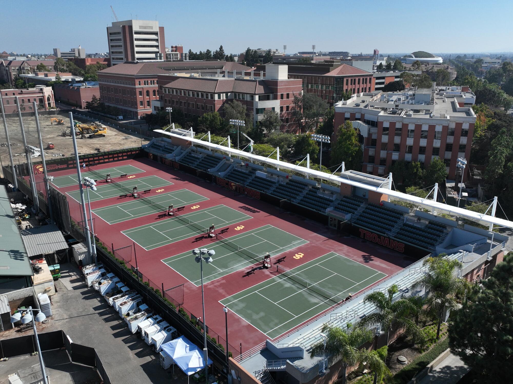 An aerial view of the David X. Marks Tennis Stadium, home to the USC men's and women's tennis teams.