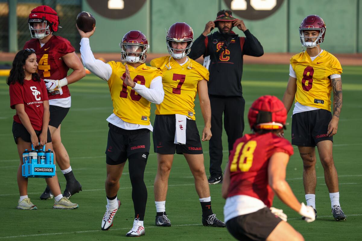 USC quarterback Caleb Williams throws a pass in practice.