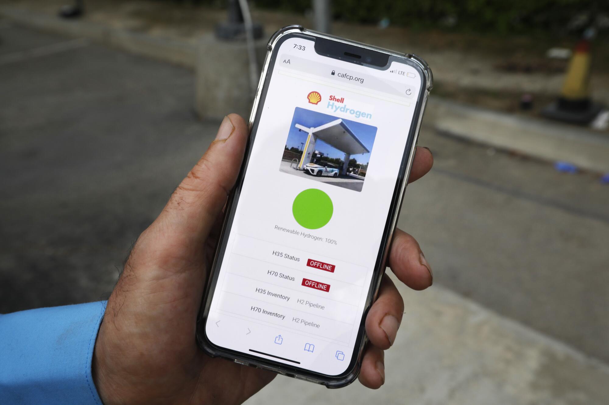 On a phone app hydrogen car drivers use, a fueling station shows it's offline.