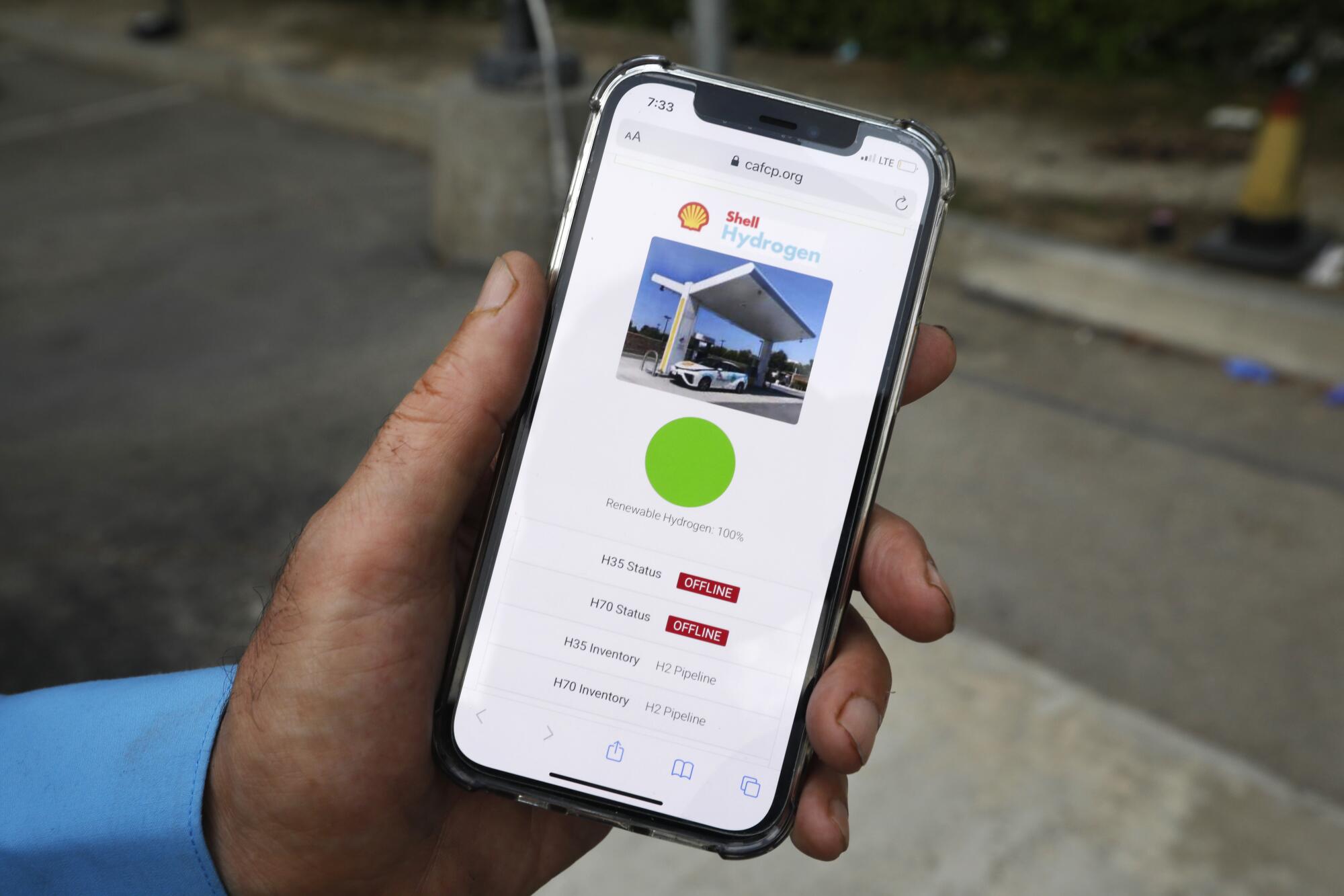 On a phone app hydrogen car drivers use, a fueling station shows it's offline. 