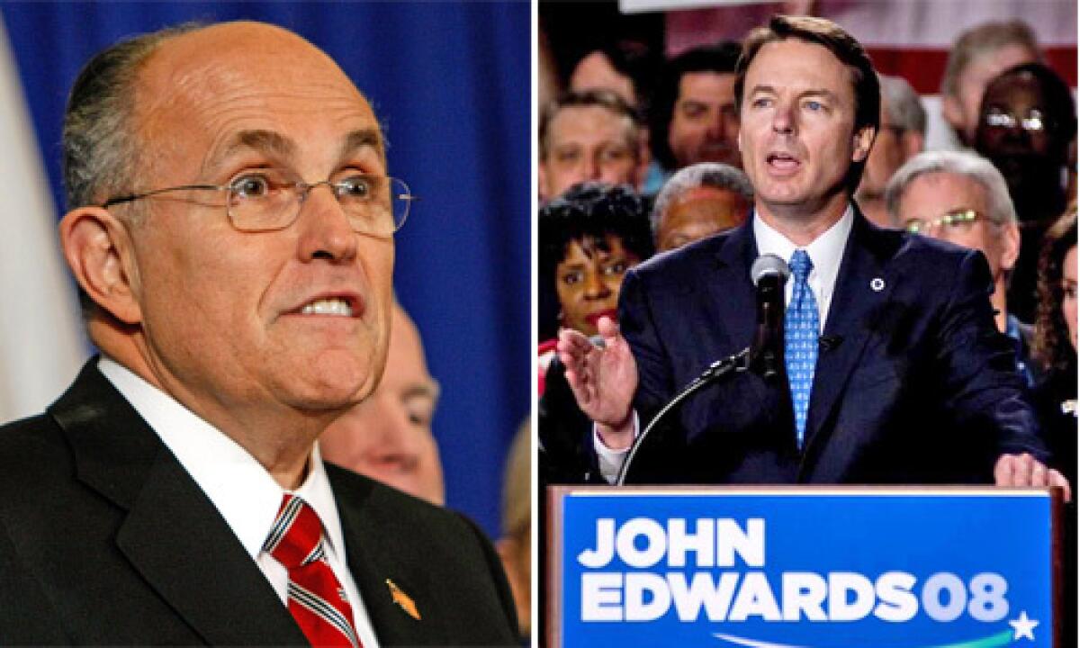 STILL GETTING VOTES: Republican Rudolph W. Giuliani, left, a former mayor of New York, and Democrat John Edwards, a former senator from North Carolina, dropped out of the presidential races last week  after some Californians had cast absentee ballots for them. Elections officials say they sometimes get calls from absentee voters whod like their ballots back.