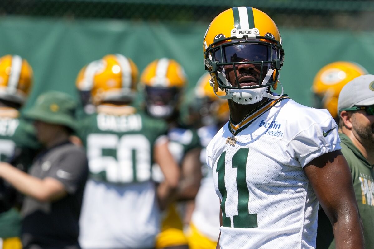 Green Bay Packers' Devin Funchess watches a drill during an NFL football minicamp Tuesday, June 8, 2021, in Green Bay, Wis. (AP Photo/Morry Gash)