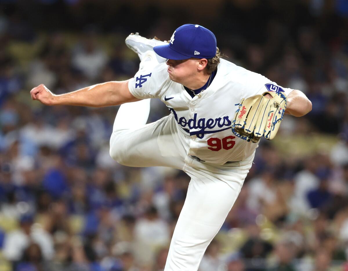 Dodgers pitcher Landon Knack delivers during the sixth inning of a 3-1 loss to the Cleveland Guardians at Dodger Stadium.