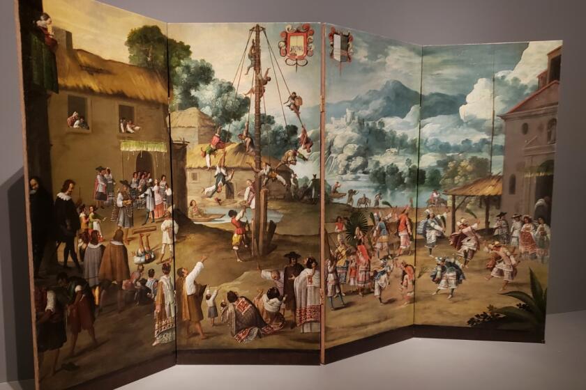 Unidentified artist, "Folding Screen with Indian Wedding, Mitote, and Flying Pole," Mexico, circa 1660-1690, oil on canvas