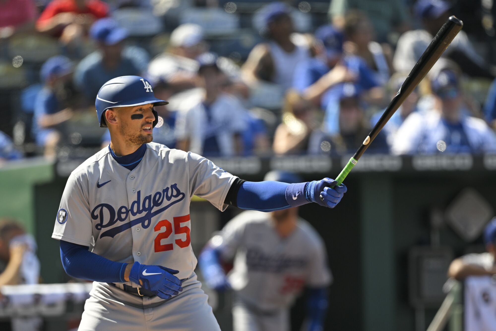 Dodgers' Trayce Thompson stands at bat against the Kansas City Royals