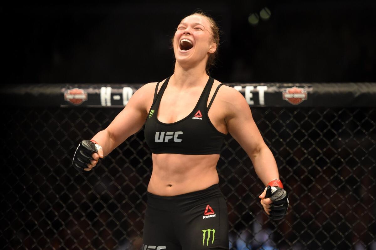 Ronda Rousey celebrates her victory over Cat Zingano at UFC 184 on Feb. 28.