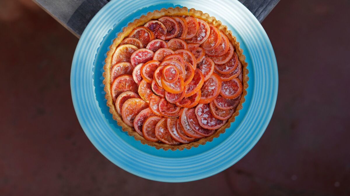Martha Rose Shulman's blood orange and rhubarb tart.