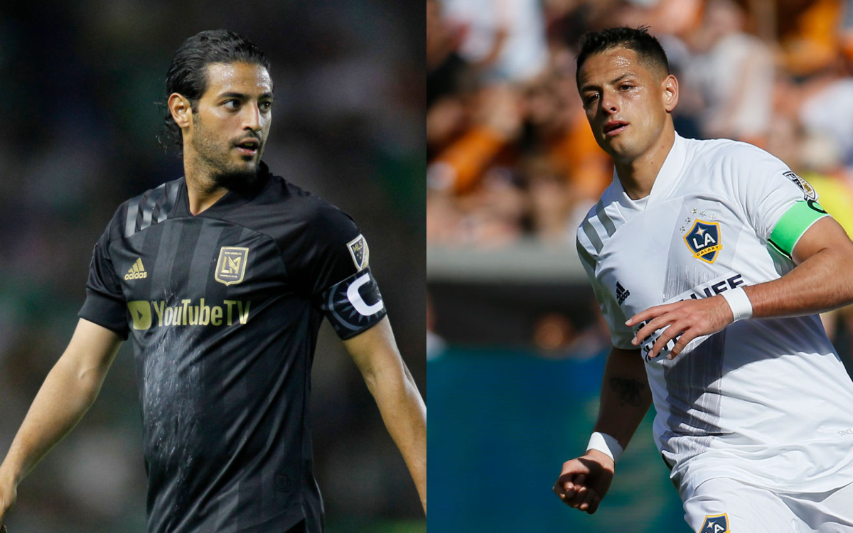 LAFC's Carlos Vela and Galaxy's Javier Chicharito Hernandez are shown on the soccer pitch.