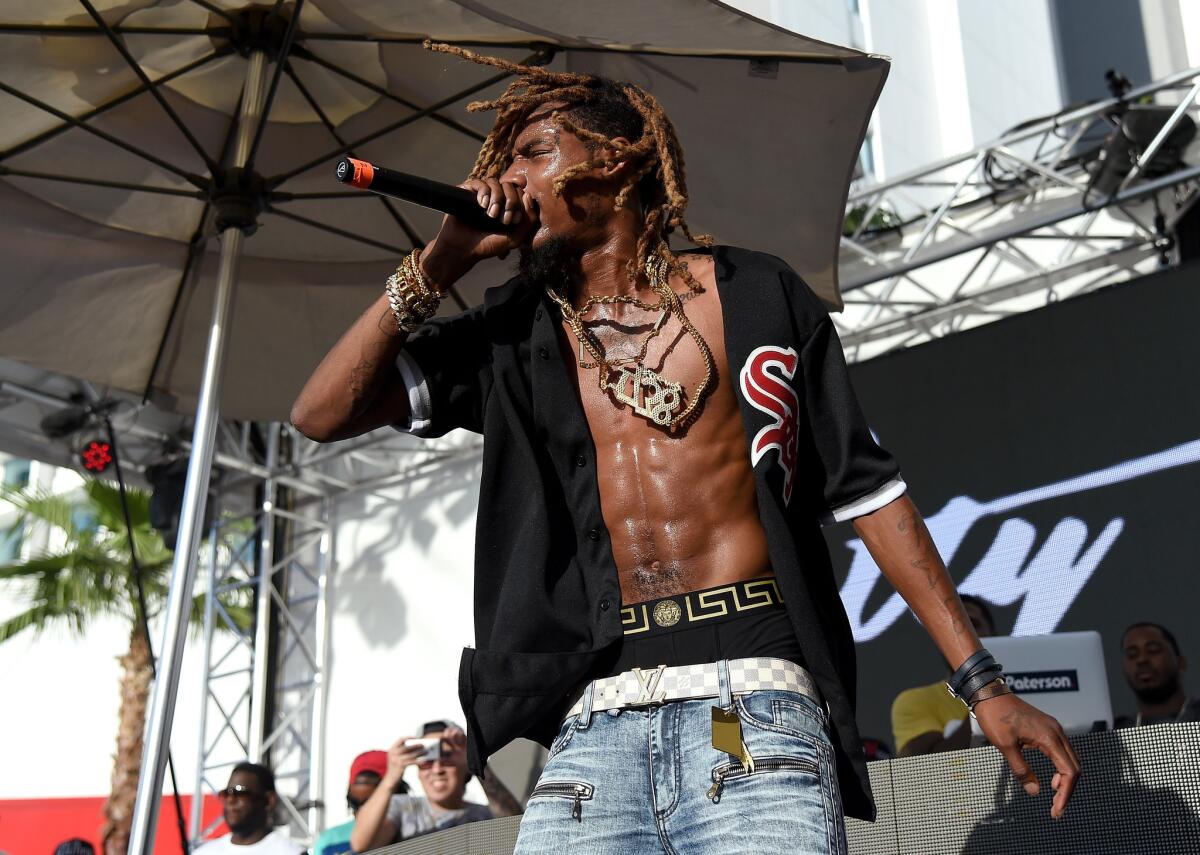 Rapper Fetty Wap, shown performing in Las Vegas on Sept. 6, 2015, reportedly was injured Sept. 26 in a traffic accident in Paterson, N.J.