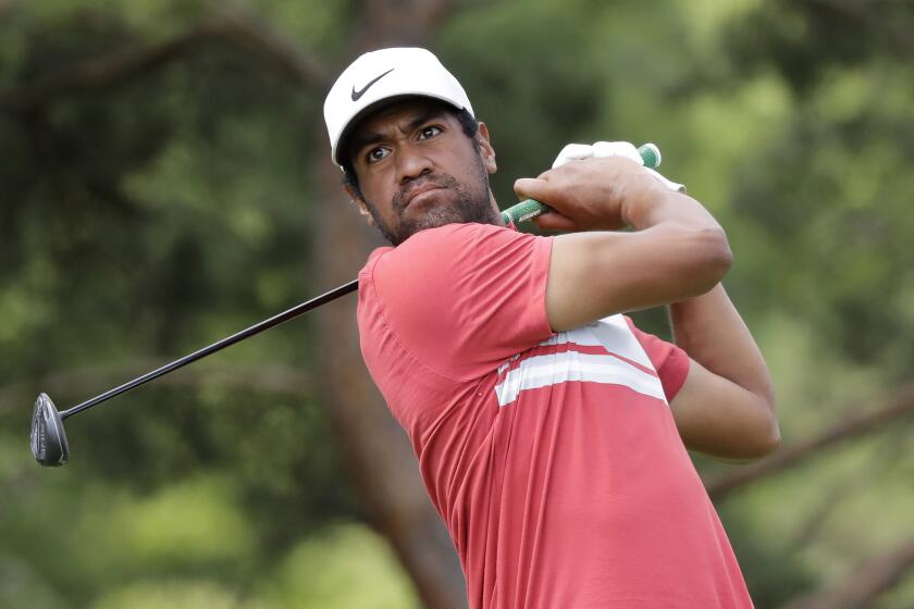 Tony Finau hits from the second tee during the second round of the Memorial golf tournament, Friday, July 17, 2020, in Dublin, Ohio. (AP Photo/Darron Cummings)