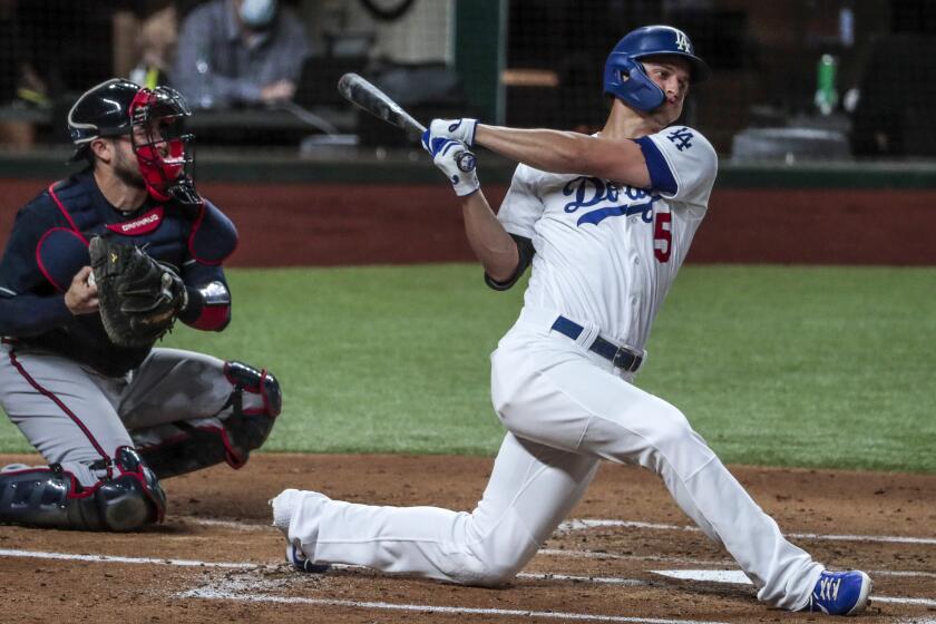 Arlington, Texas, Monday, October 12, 2020. Los Angeles Dodgers shortstop Corey Seager (5) strikes out.