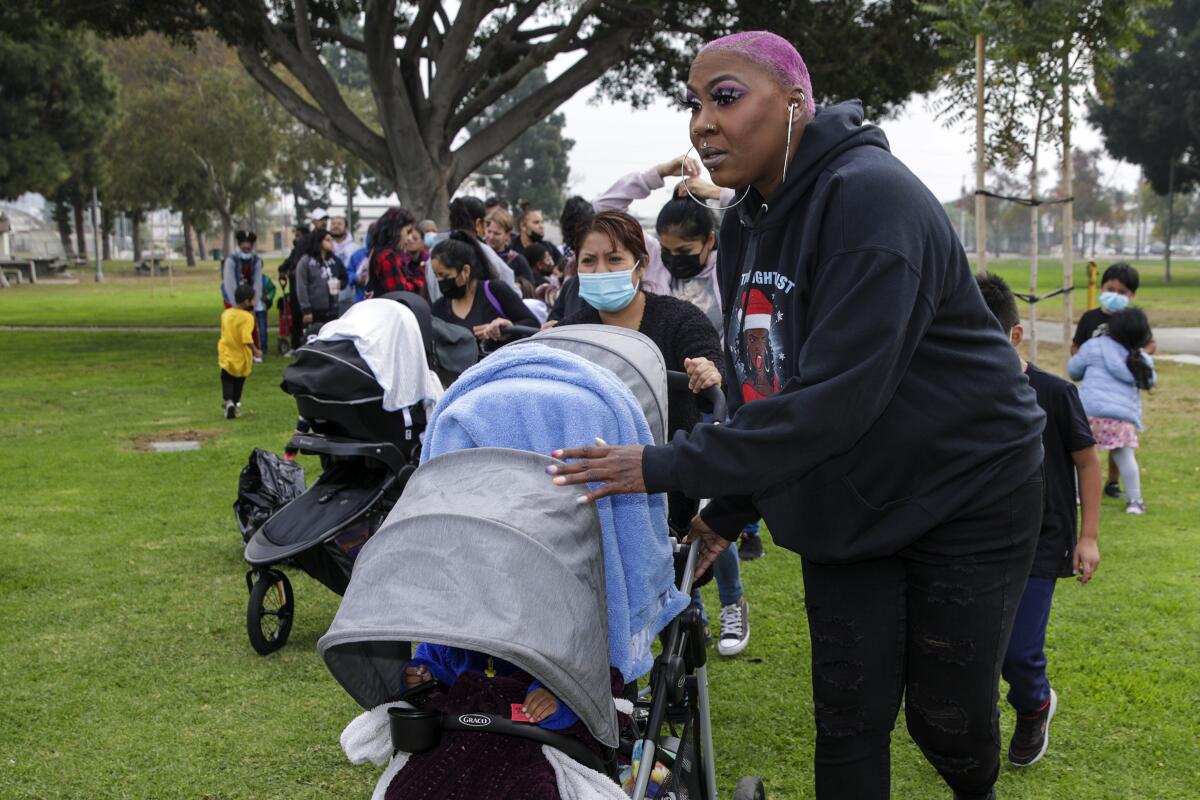 Several women are in a park, some with strollers