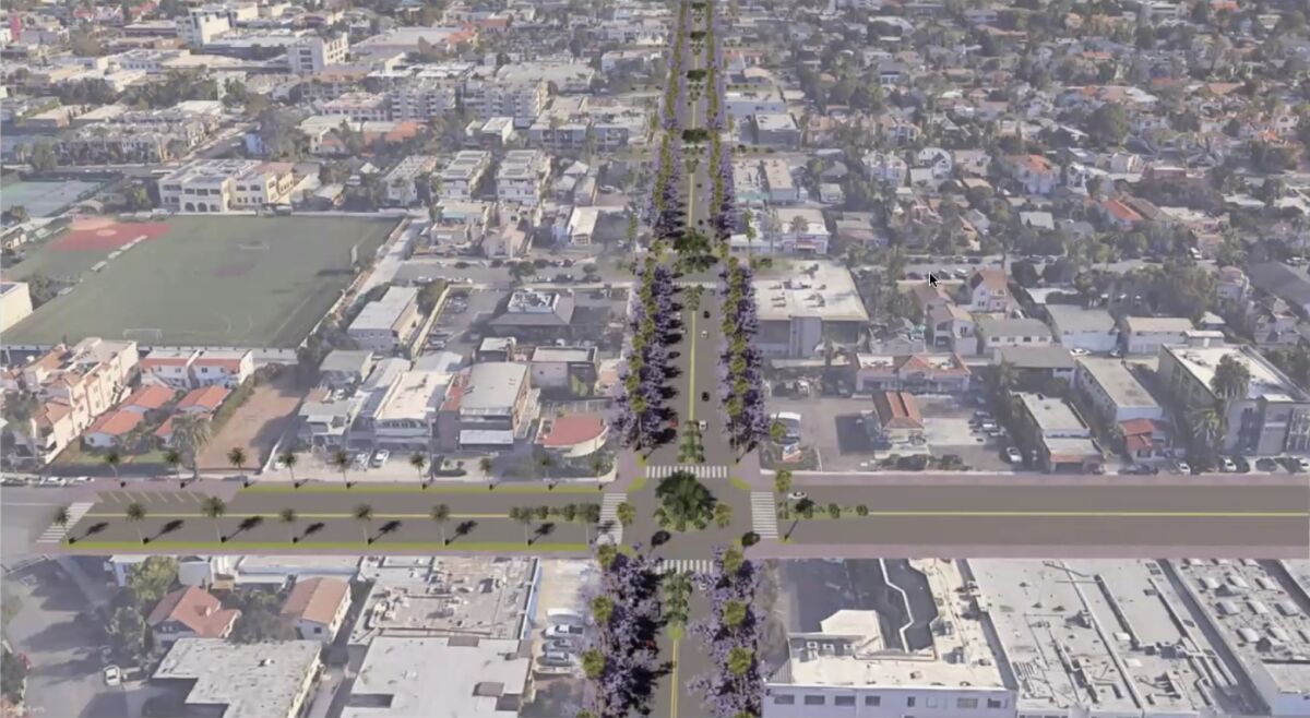Looking east on Pearl Street from La Jolla Boulevard (foreground), this design reimagines Pearl with roundabouts and trees.
