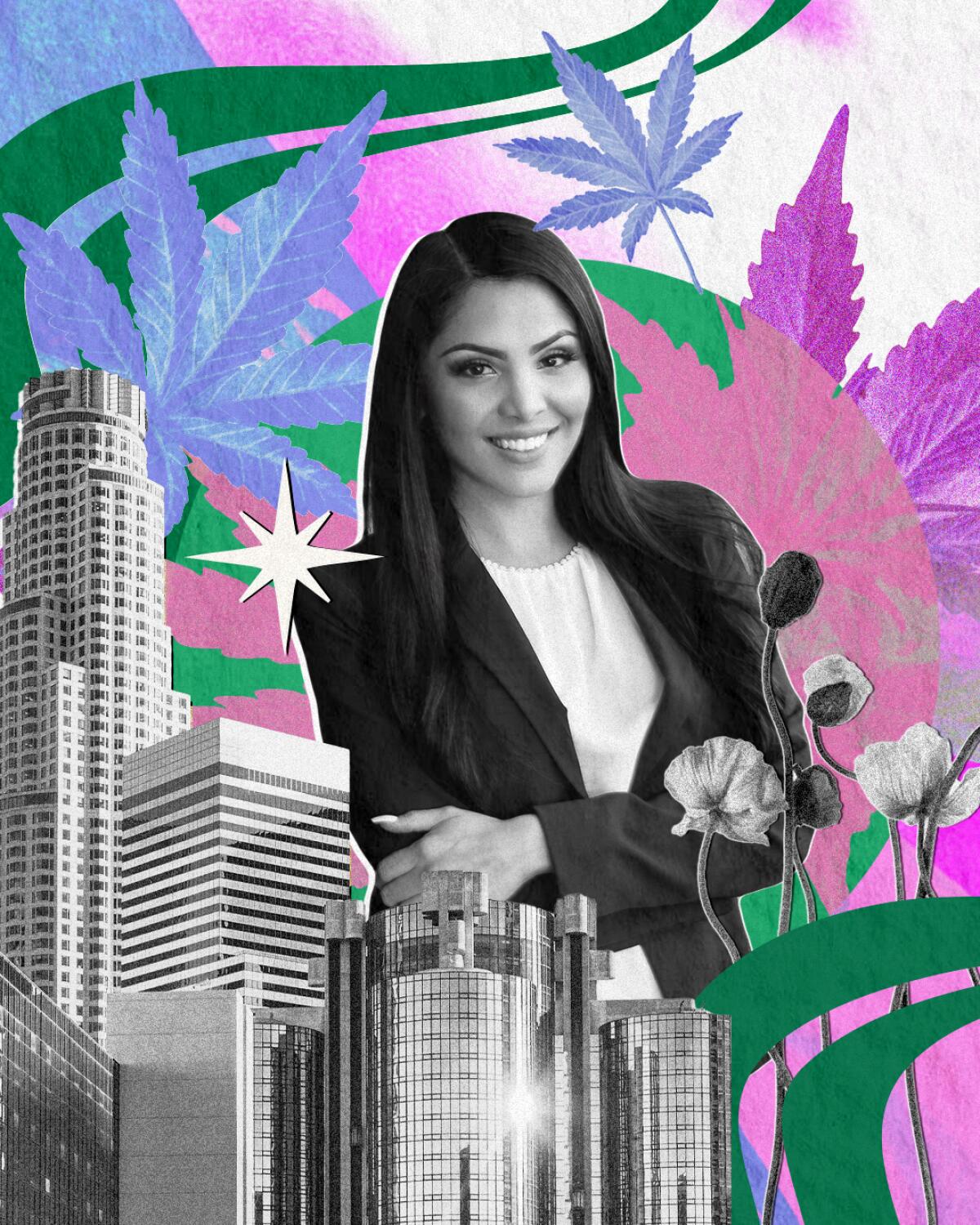 An illustration shows a woman standing in front of marijuana prints and behind buildings.