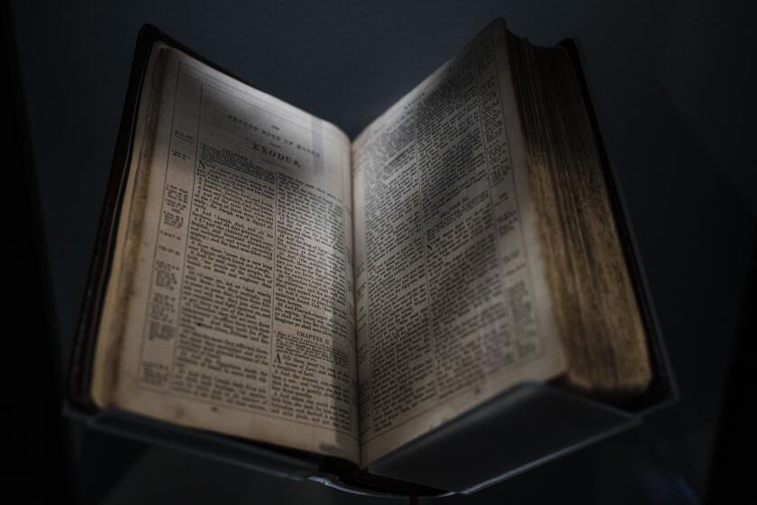 WASHINGTON, DC - APRIL 28: The Collins Bible, photographed at the National Museum of African American History and Culture on April 28, 2022 in Washington, DC. (Kent Nishimura / Los Angeles Times)