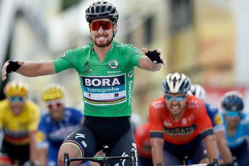 Mandatory Credit: Photo by YOAN VALAT/EPA-EFE/REX/Shutterstock (9754661af) Peter Sagan Tour de France 2018 - 5th stage, Quimper - 11 Jul 2018 Bora Hansgrohe team rider Peter Sagan of Slovakia celebrates as he crosses the finish line to win the 5th stage of the 105th edition of the Tour de France cycling race over 204,5km between Lorient and Quimper, France, 11 July 2018. ** Usable by LA, CT and MoD ONLY **
