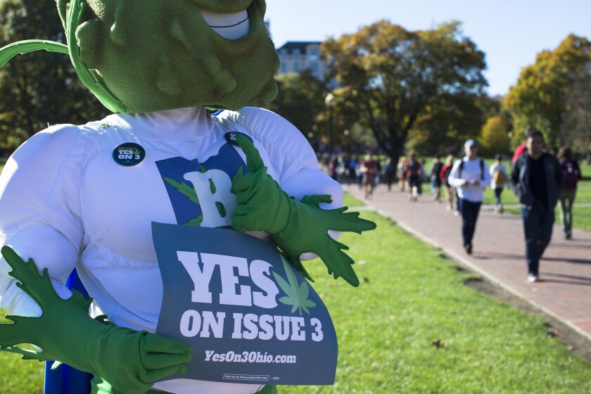 Buddie, the mascot for the pro-marijuana legalization group ResponsibleOhio, holds a sign at Ohio State University in Columbus on election day.