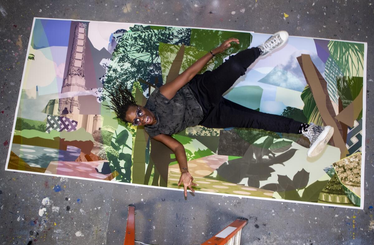 Mickalene Thomas with artwork that will be at one of the stations on Metro’s Crenshaw/LAX line set to open next year.