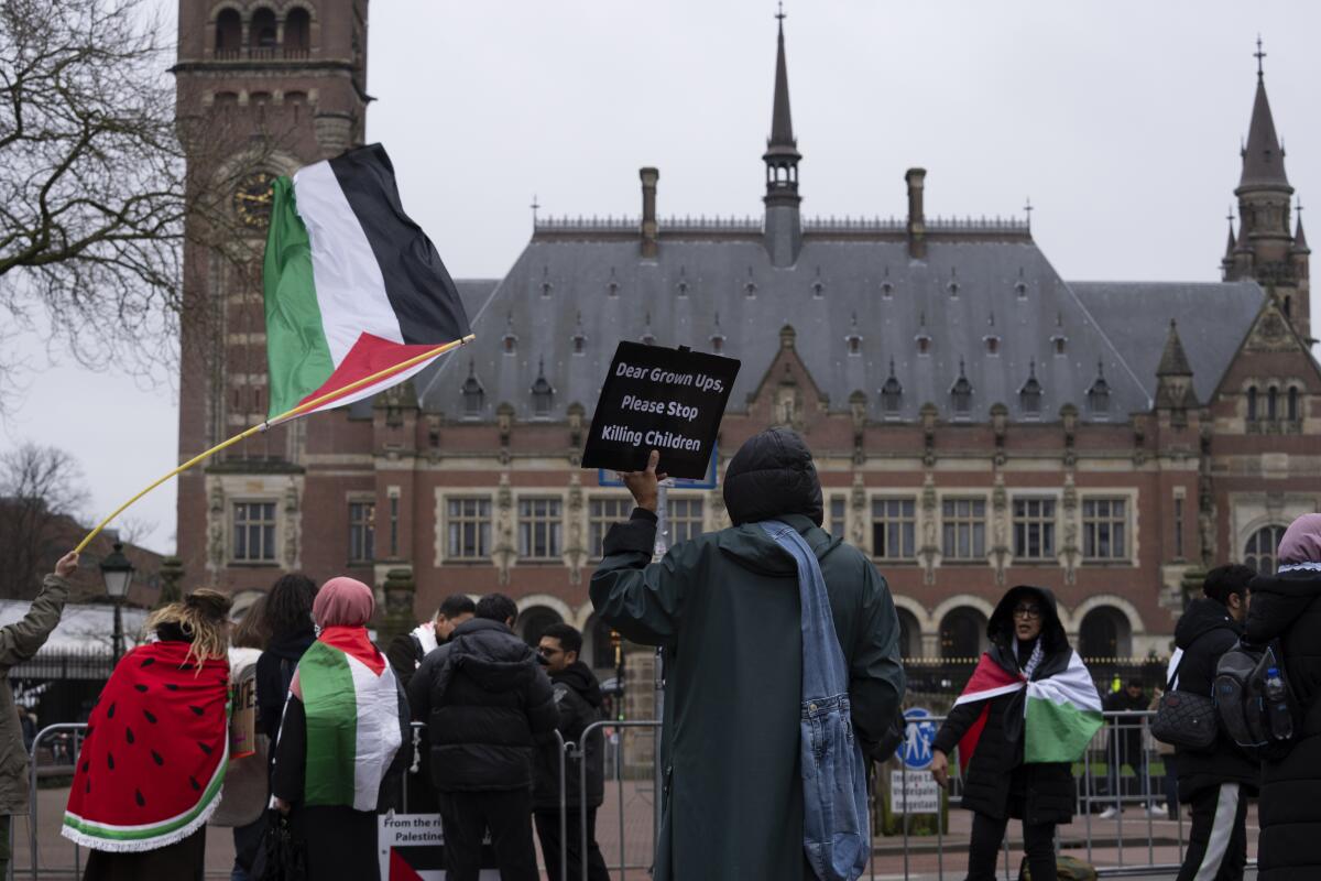 Manifestantes propalestinos ondean banderas en una protesta ante el máximo tribunal 