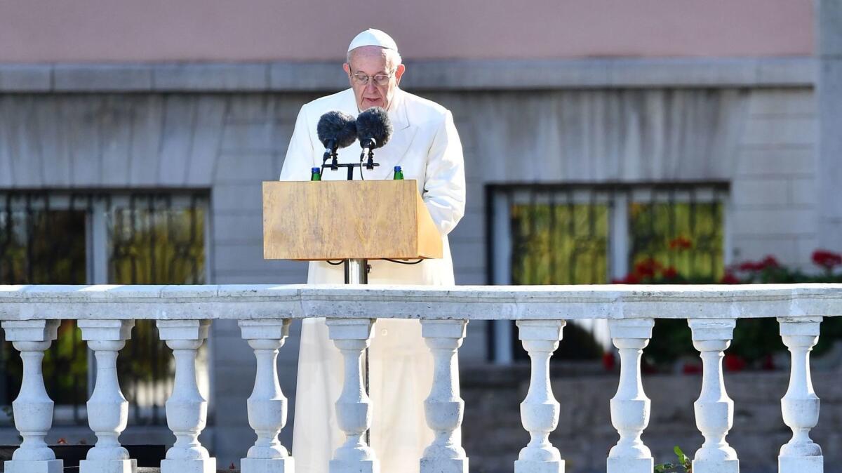 Pope Francis gives a speech at the Presidential Palace in Tallinn, Estonia, on Sept. 25.