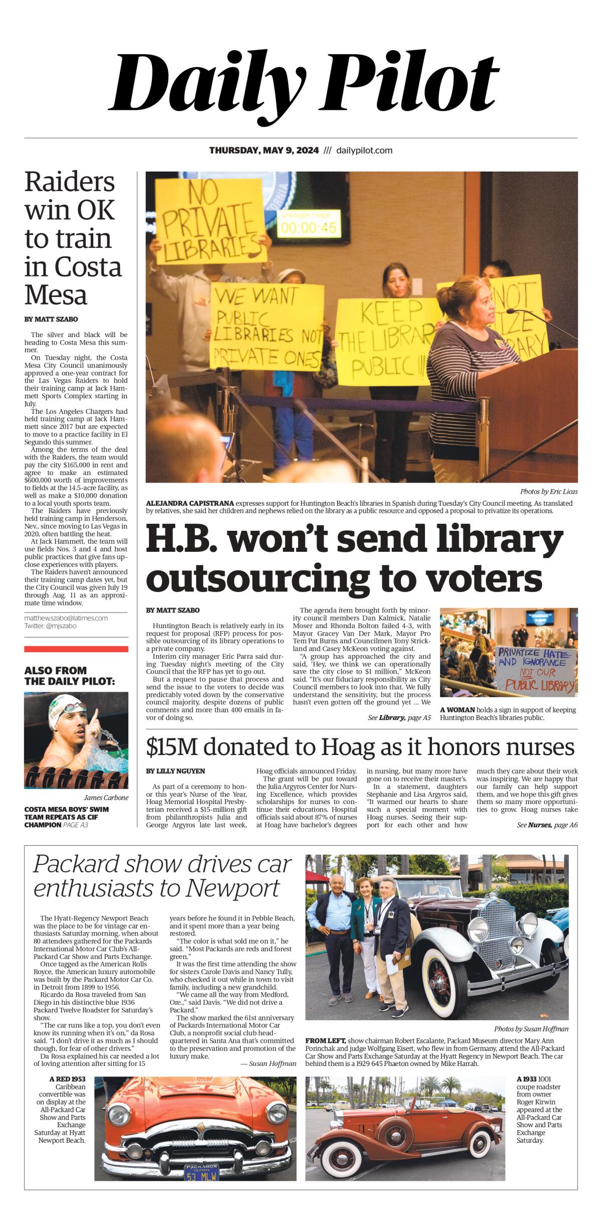 Front page of the Daily Pilot e-newspaper for Thursday, May 9, 2024.