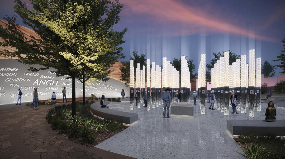 An artist's rendering shows a memorial with beams of light and wall with names projected onto it. 