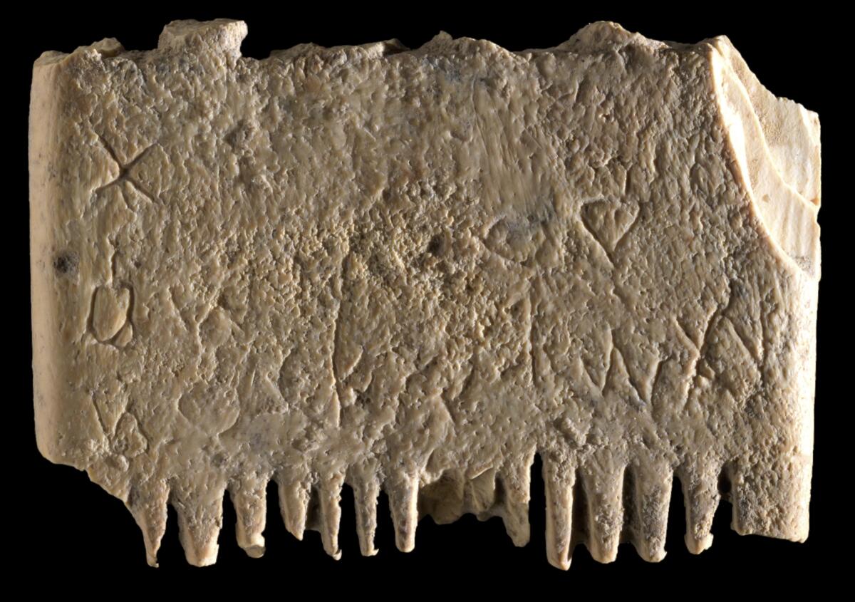 This undated image released by the Israel Antiquities Authority on Wednesday, Nov. 9, 2022, shows an ivory comb with an entire sentence in the Canaanite language, a 3,700-year-old inscription encouraging people to rid themselves of lice believed to be dated back as far as 1700 BC that was discovered in Tel Lachish, Israel. Israeli researchers say the discovery shines new light on some of humanity’s earliest use of an alphabet and its ability to write. (Dafna Gazit, Israel Antiquities Authority via AP)