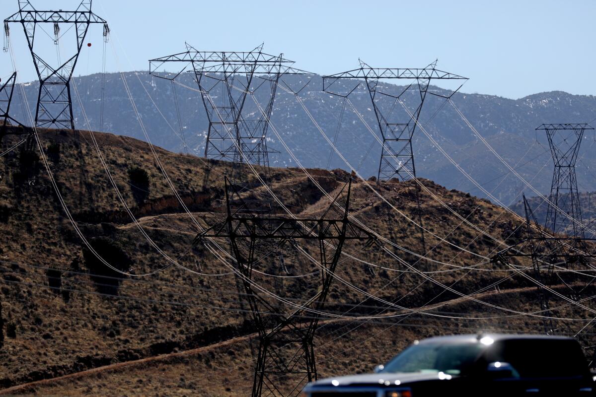 Electric transmission lines connecting to Southern California Edison's Vincent Substation in Palmdale are seen in 2021.