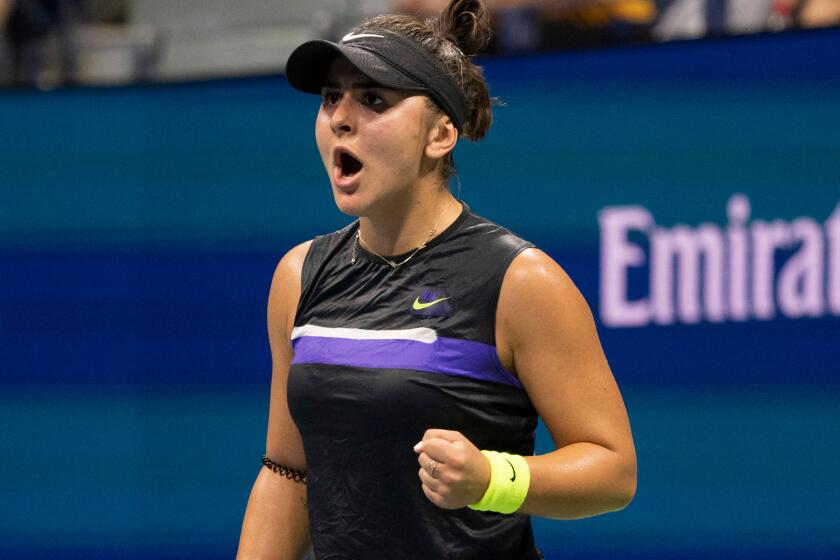 Bianca Andreescu of Canada celebrates a point against Elise Mertens of Belgium during their Quarter-finals Women's Singles match at the 2019 US Open at the USTA Billie Jean King National Tennis Center in New York on September 4, 2019. (Photo by Don Emmert / AFP)DON EMMERT/AFP/Getty Images ** OUTS - ELSENT, FPG, CM - OUTS * NM, PH, VA if sourced by CT, LA or MoD **