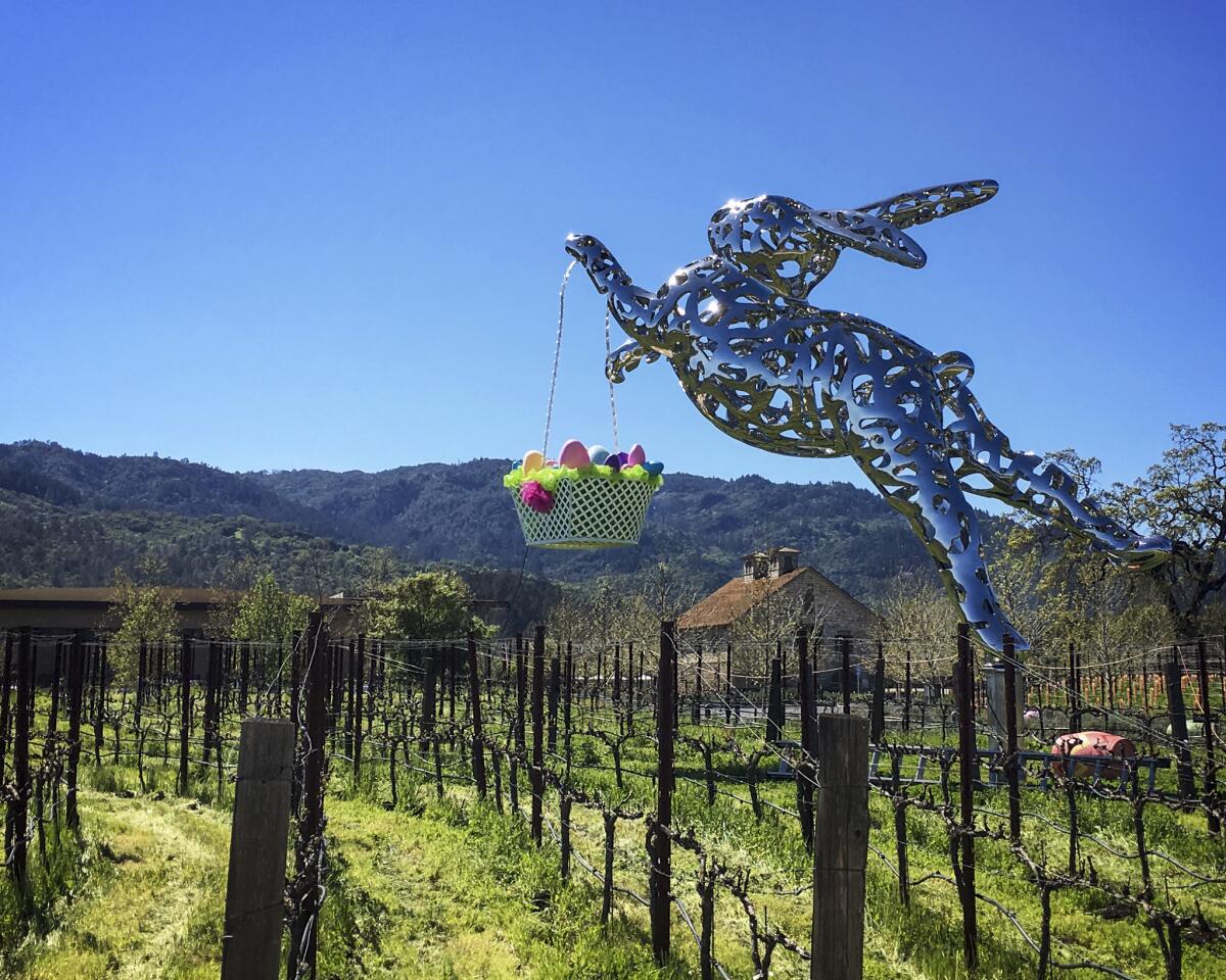 Lawrence Argent's "Bunny Foo Foo" is a 35-foot stainless steel sculpture at Hall Wines vineyards in St. Helena. The rabbit gets dressed up for Christmas and Easter (with a basket of eggs on its arm) but pretty much can just be seen leaping over the vineyards any old time.