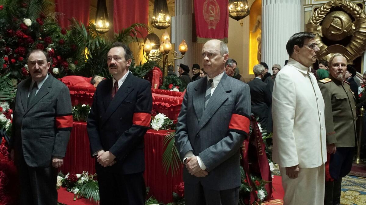From left, Dermot Crowley, Paul Whitehouse, Steve Buscemi, Jeffrey Tambor and Paul Chahidi appear in a scene from "The Death of Stalin."