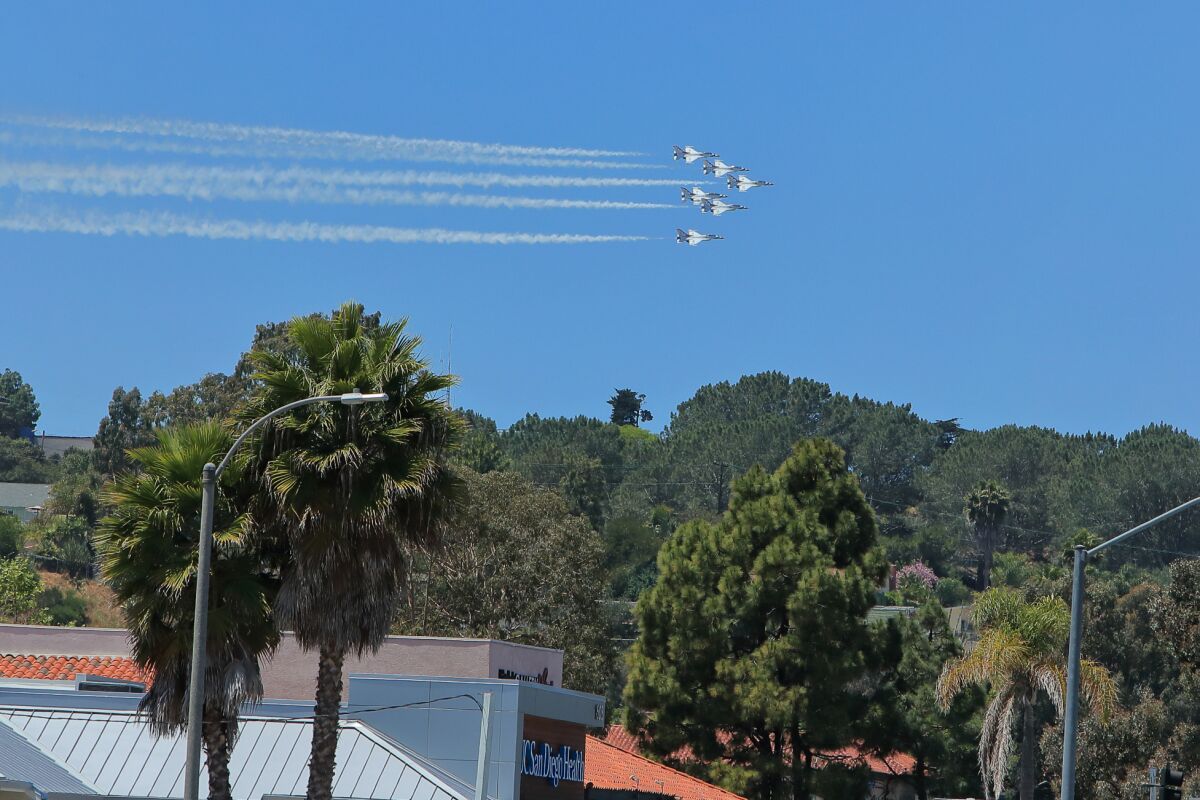 US Air Force Thunderbirds fly over UC San Diego Health Clinic, Encinitas in a salute to health care workers, first responders and other essential workers.
