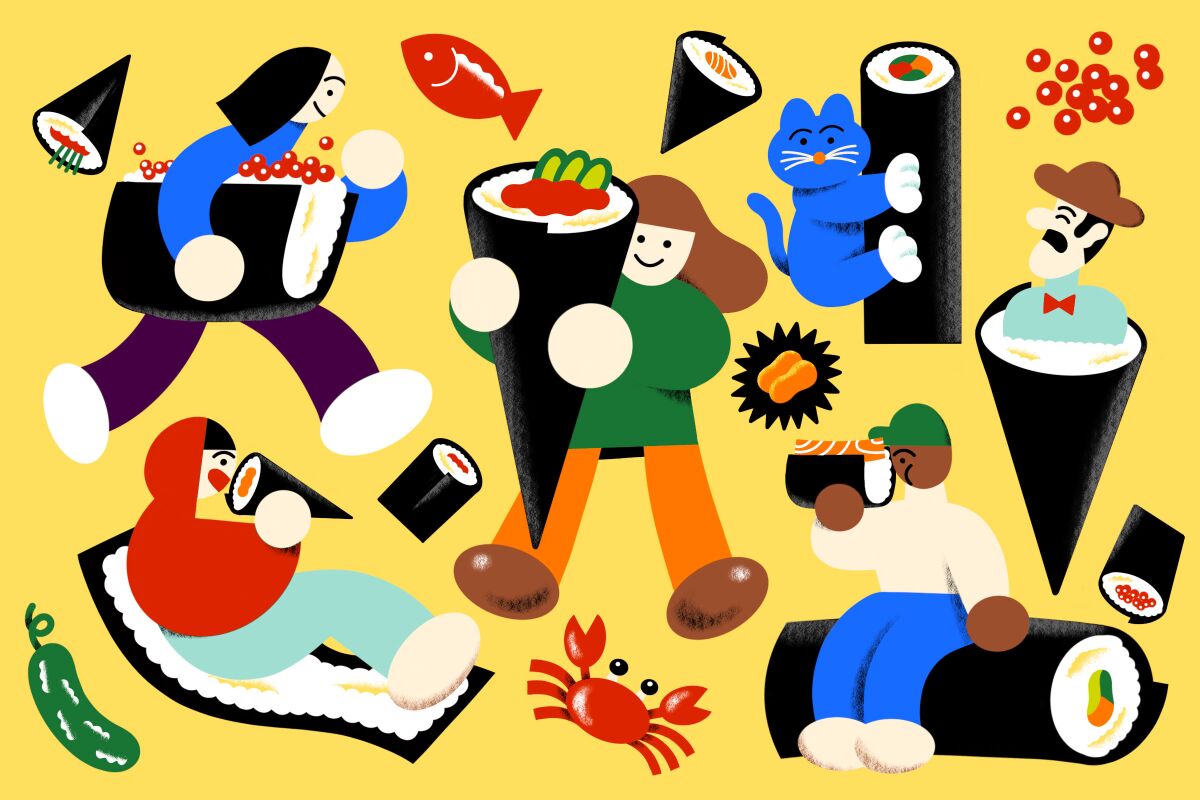 Illustration of hand rolls and ingredients, and human and animal characters interacting with them.