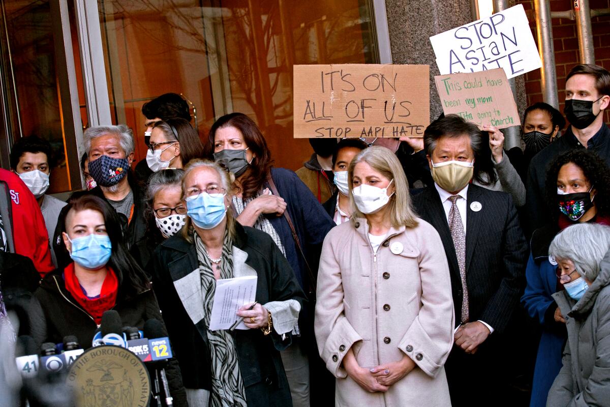 People at anti-Asian hate press conference on Tuesday in New York.