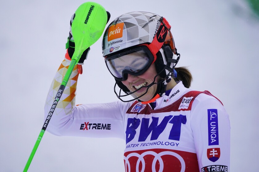 Slovakia's Petra Vlhova celebrates after finishing a women's World Cup slalom ski race Sunday, Nov. 28, 2021, Killington, Vt. (AP Photo/Robert F. Bukaty)