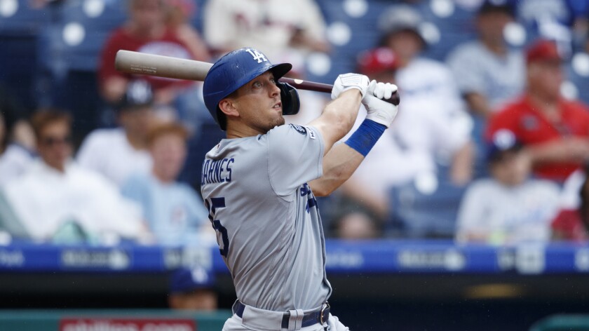 Dodgers' Austin Barnes bats during a game against the Philadelphia Phillies on July 18 in Philadelphia.