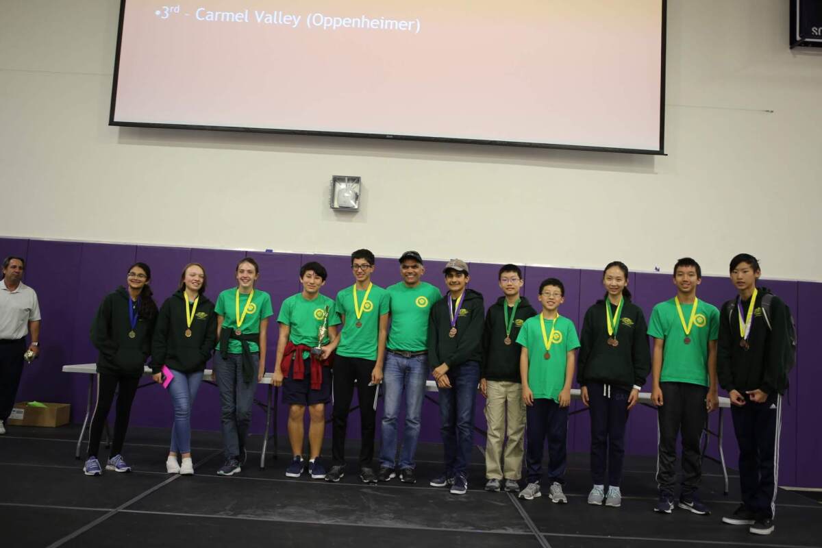 The third place winning Oppenheimer team from Carmel Valley Middle.