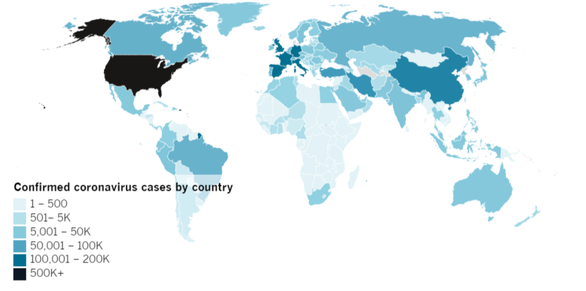 Confirmed COVID-19 cases by country as of 4:30 p.m. PDT Wednesday, April 15. Click to see the map from Johns Hopkins CSSE.