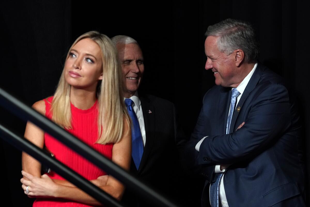 White House Press Secretary Kayleigh McEnany, left, Vice President Mike Pence and White House Chief of Staff Mark Meadows.