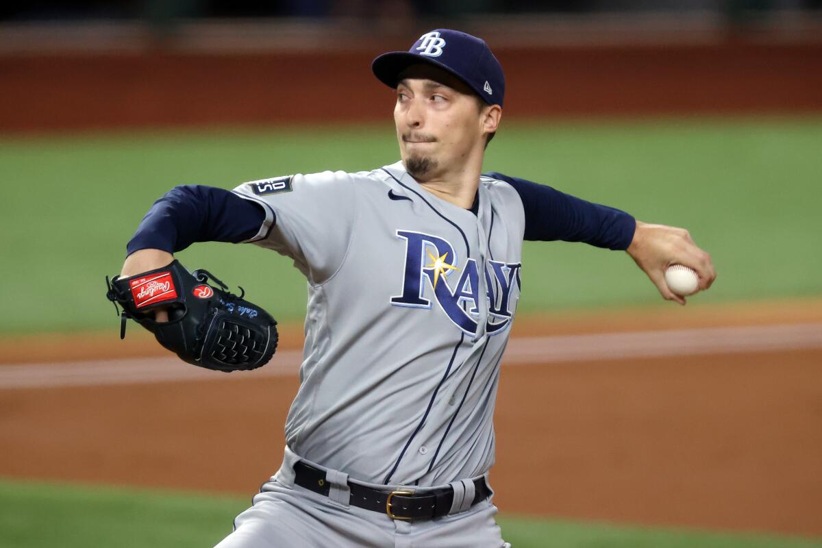 Pitcher Blake Snell on the mound