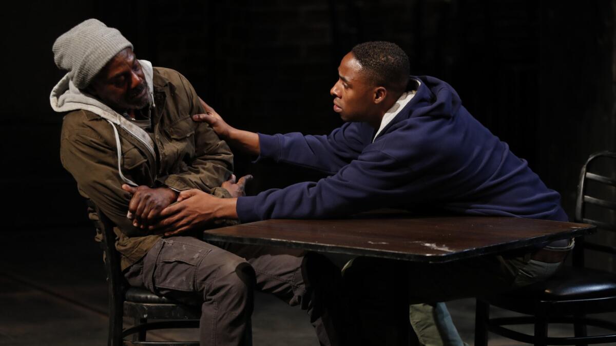 "Sweat," Lynn Nottage's Pulitzer Prize-winning drama about job loss in a Pennsylvania factory town, played this fall at the Mark Taper Forum. John Earl Jelks, left, portrayed a union worker long locked out of his plant, Grantham Coleman his son.