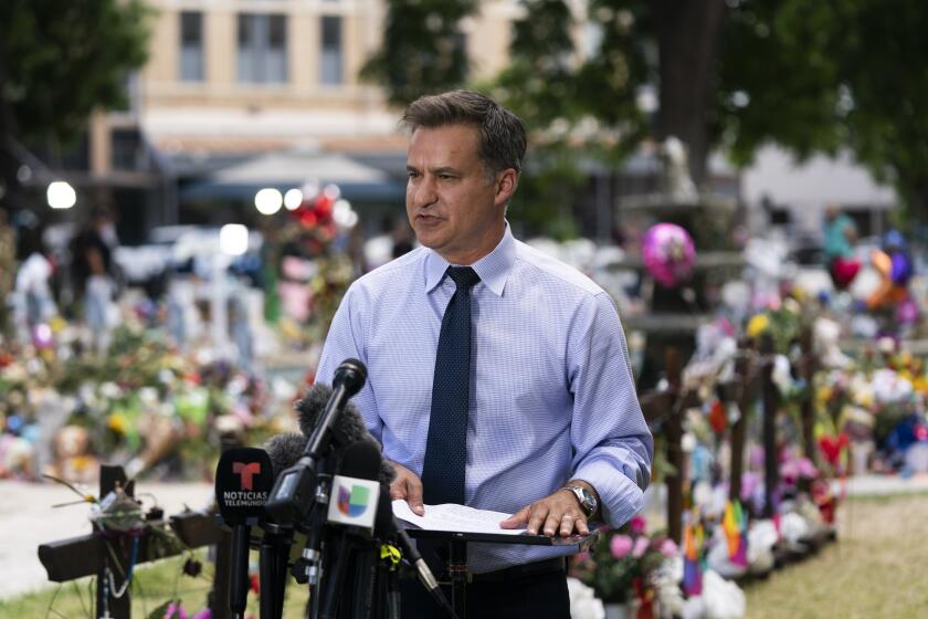 Texas state Sen. Roland Gutierrez speaks during a news conference at a town square in Uvalde, Texas, Thursday, June 2, 2022. Gutierrez said the commander at the scene of a shooting at Robb Elementary School was not informed of panicked 911 calls from inside the school building. (AP Photo/Jae C. Hong)