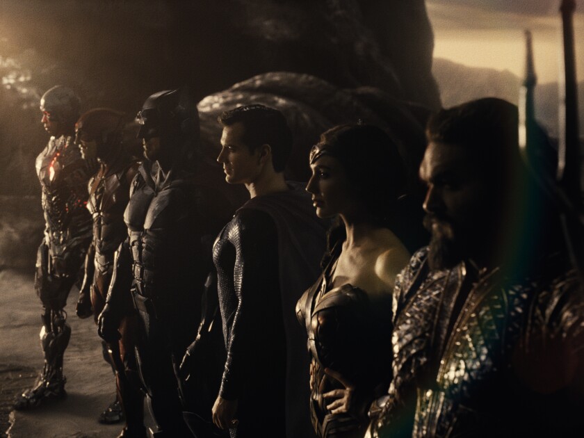 Ray Fisher, left, Ezra Miller, Ben Affleck, Henry Cavill, Gal Gadot and Jason Momoa in "Zack Snyder's Justice League."
