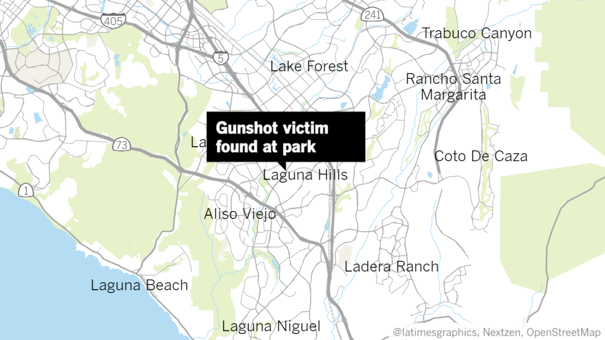 Map of Orange County area with a label pointing to where a gunshot victim was found in Laguna Hills