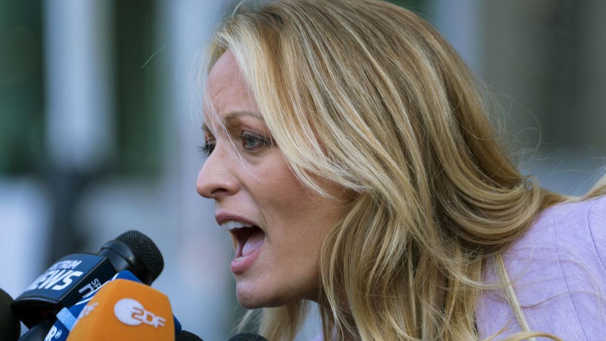 Adult film actress Stormy Daniels speaks outside court in New York on April 16.