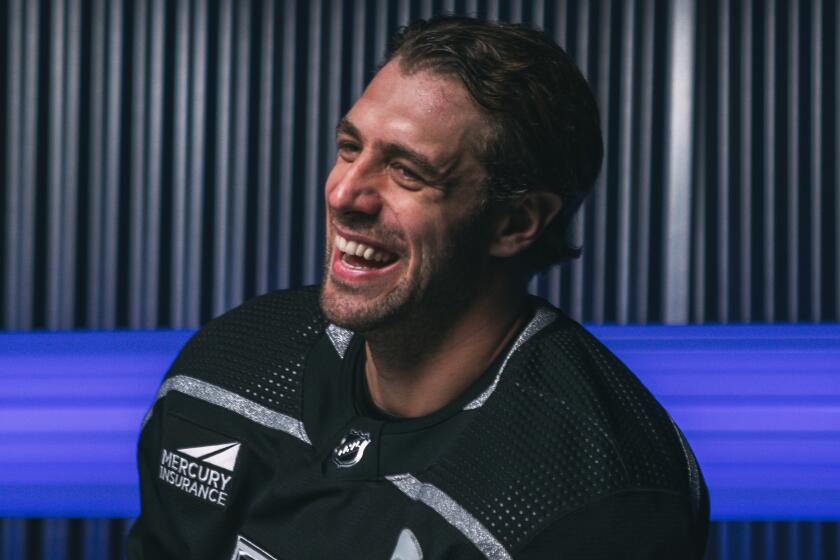 Kings captain Anze Kopitar wears a jersey featuring the new logo patch for Mercury Insurance.