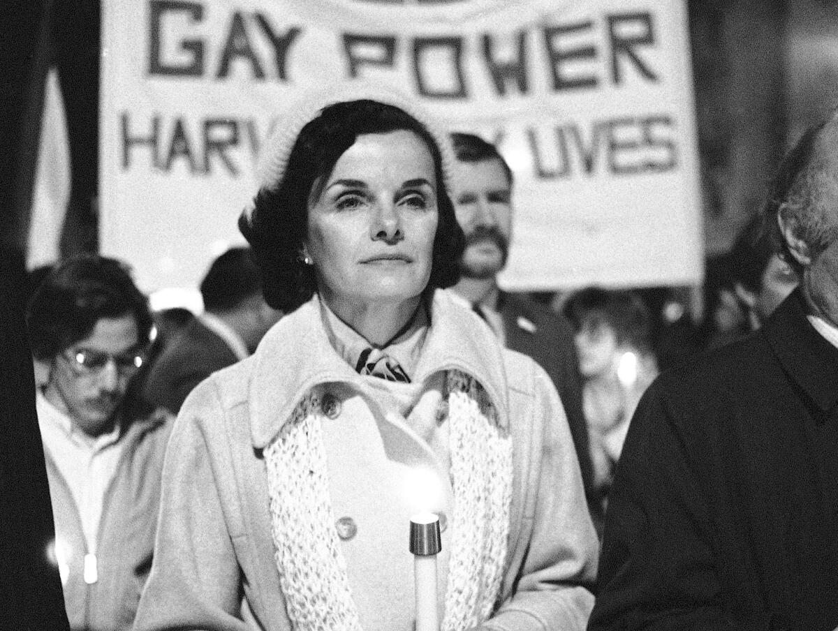 A woman holding a candle in  march. The sign in the background references gay power