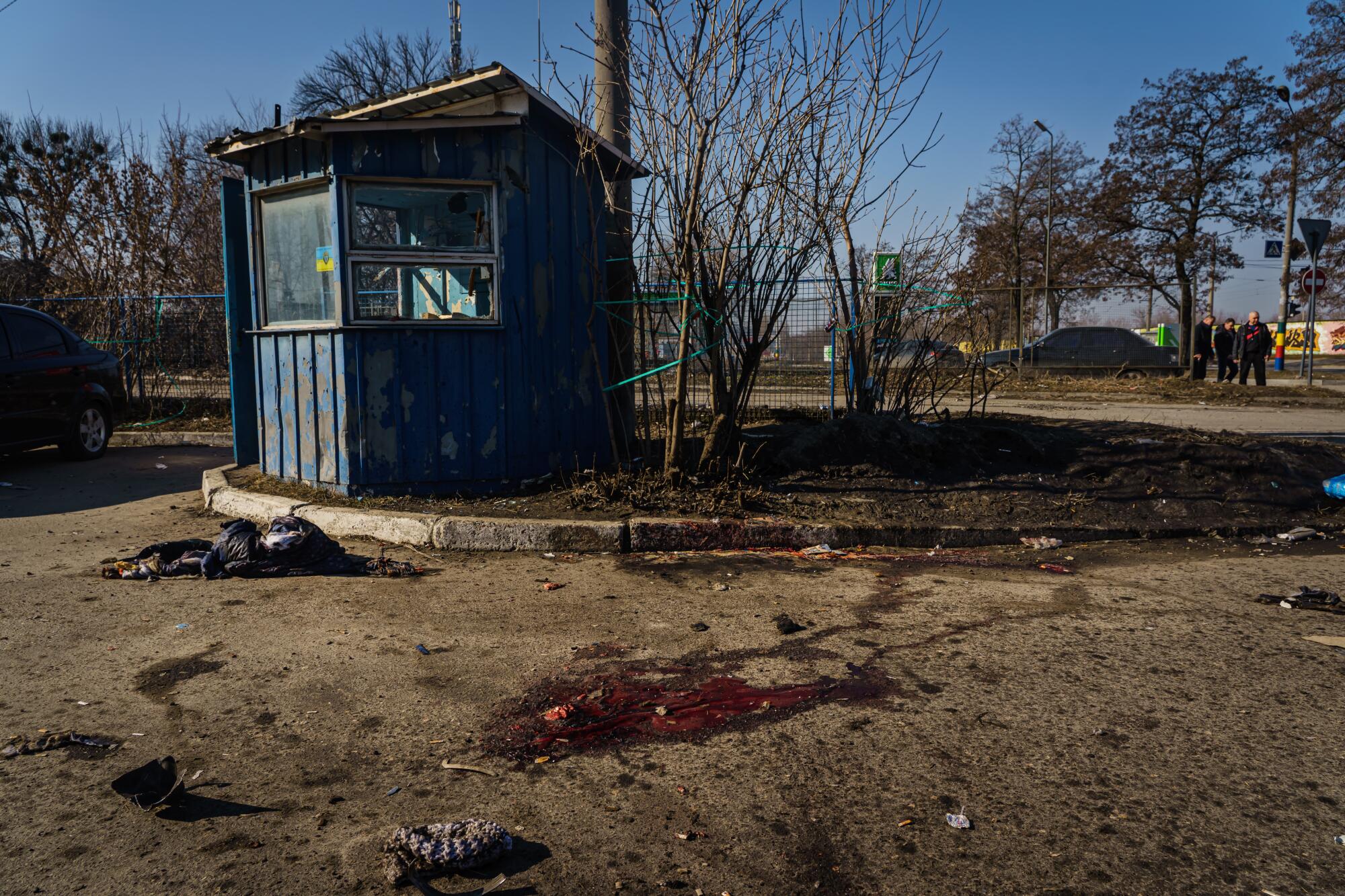 A pool of blood on the ground outside near a small blue building.