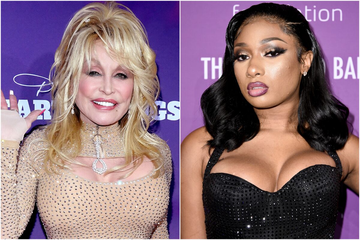 Side-by-side images of Dolly Parton and Megan Thee Stallion